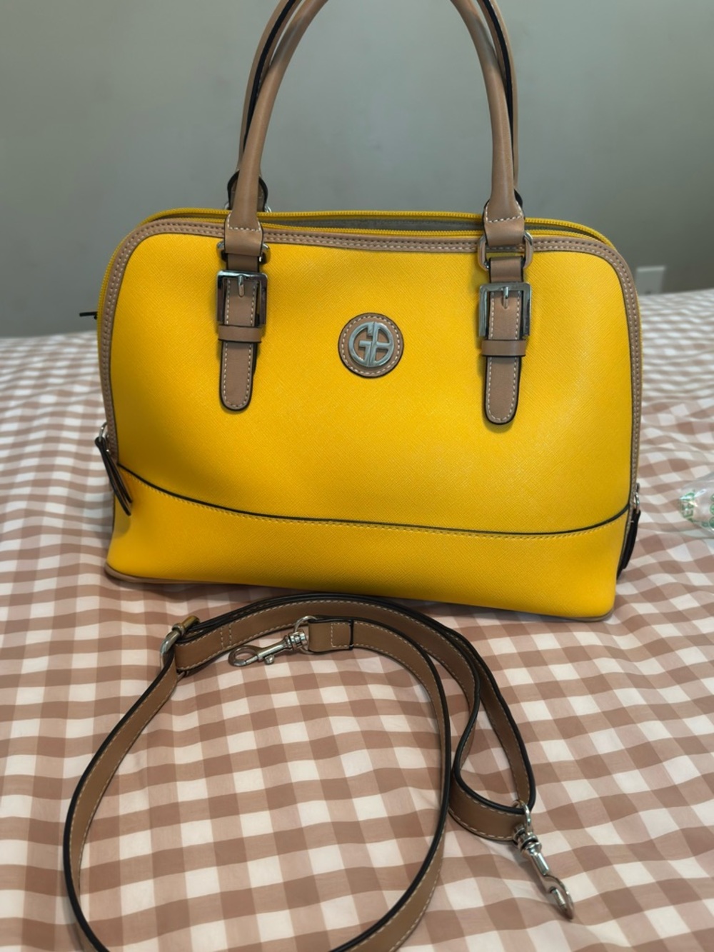 Giani Bernini Yellow Dome Satchel with Tan Trim and Crossbody Strap